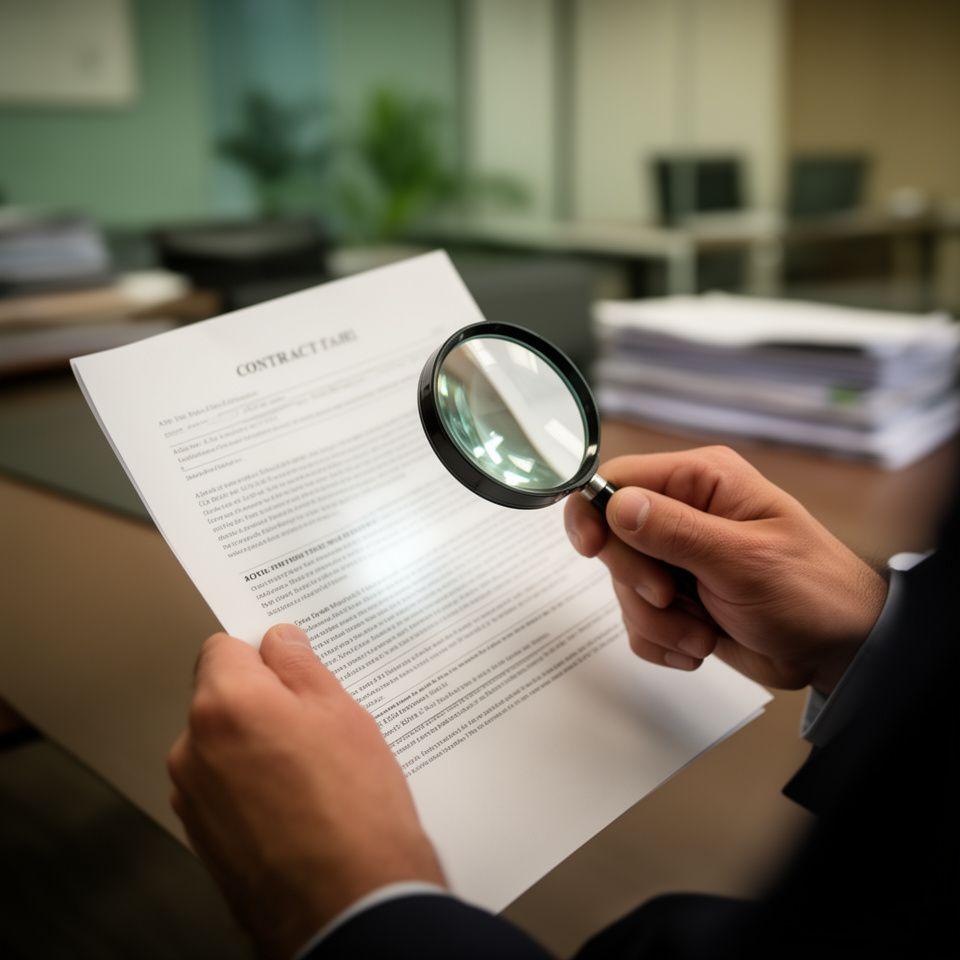 Advocaat die een contract onderzoekt met een vergrootglas in een rustige kantooromgeving in Tilburg