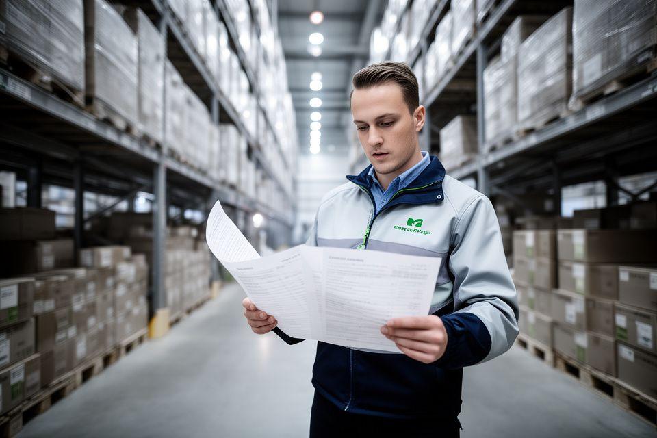 Logistiek manager bekijkt transportdocumenten in een modern magazijn met stellingen en pallets