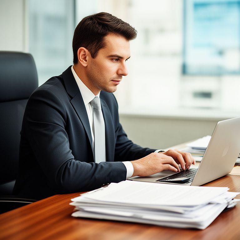 Advocaat aan een houten bureau met documenten, laptop en een heldere zakelijke setting